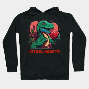 I Steal Hearts Valentines Day Dinosaur, Romantic T Rex Holding a Heart of Love Hoodie